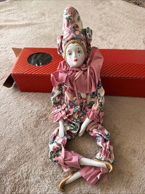 Porcelain Decorative Clown Doll in Pink Floral Costume